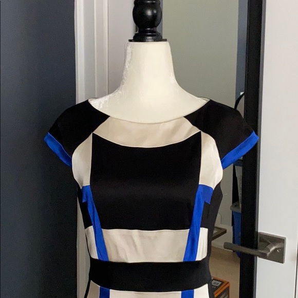 JAX Satin Blue Black Cream Colour Block Dress - Picture 2 of 4